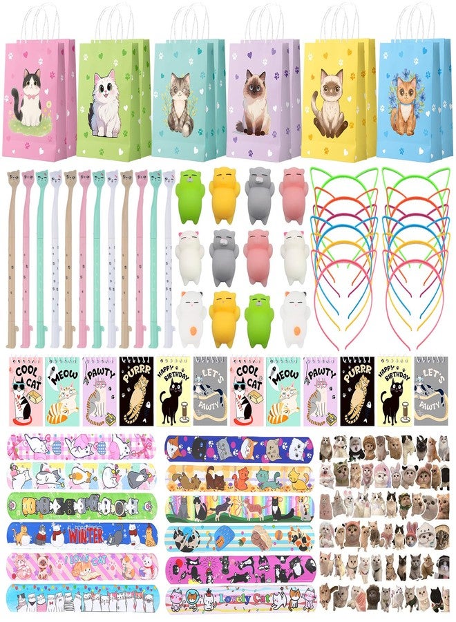 Coosilion Cat Party Favors, Cute 132 Pcs Cat Themed Birthday Party Decorations with Goodie Bags Stuffer Pencil Headband Mini Notebook Slap Bracelet Squishy Toy Stickers for Girls, Valentines Day Gifts for Kids - Image 1